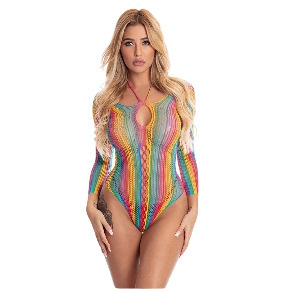 Pink Lipstick Rainbow Long Sleeve Crochet Festival Bodysuit One Size